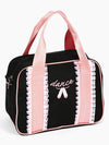 Black ribbon dance bag with pink accents and shoulder strap