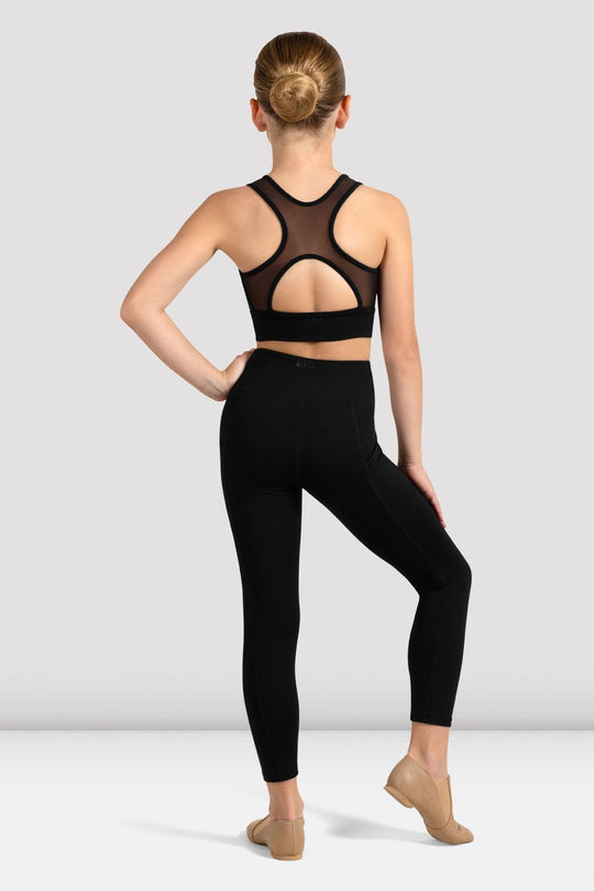 Back view of child dance crop top showing racerback mesh design