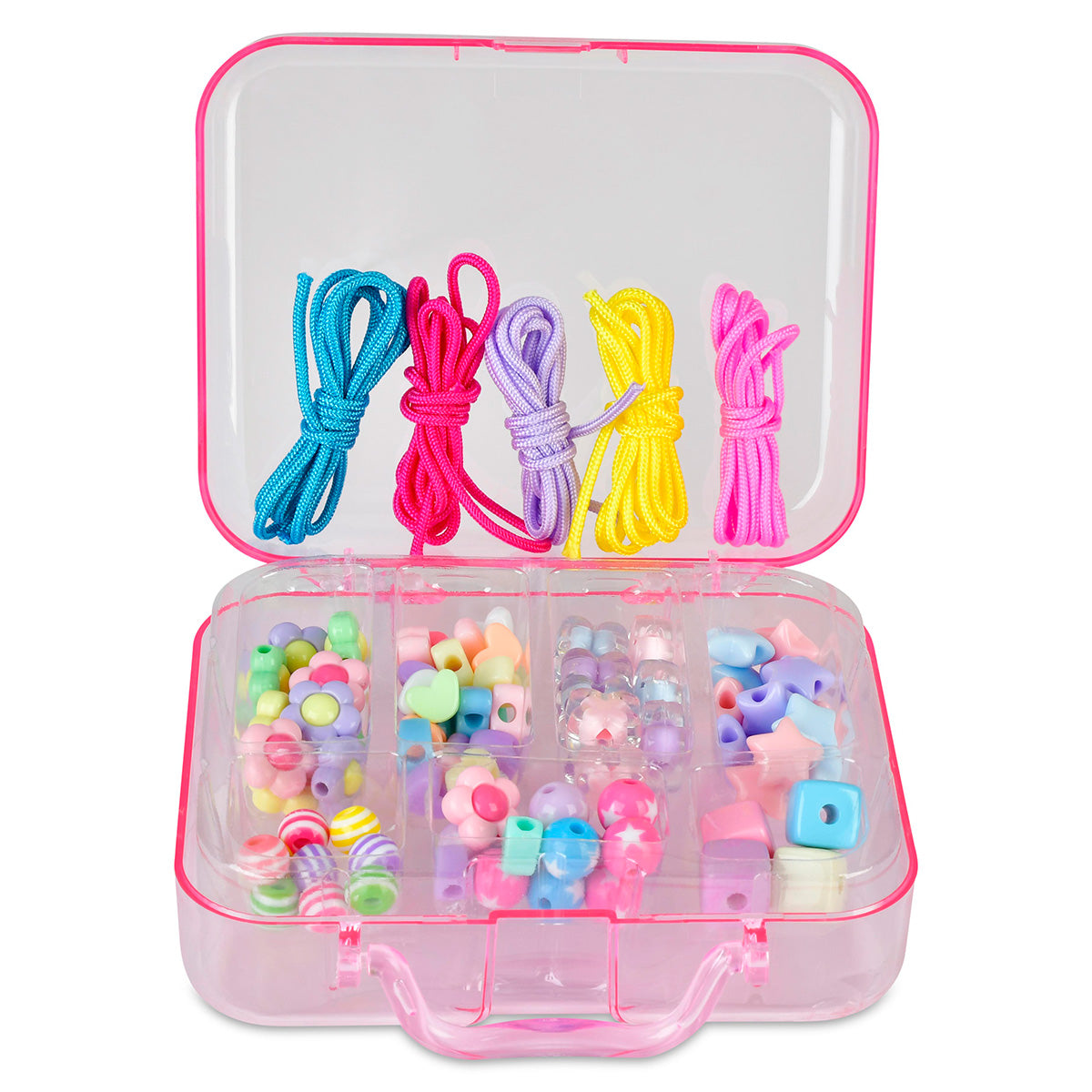 Colorful hair accessories set in a clear container with pink lid
