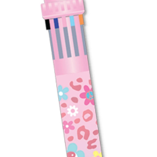 A pink flower-shaped pen with a smiling yellow face on the bloom, attached to a pink striped pen body decorated with colorful floral and animal patterns, shown on a plain white background.
