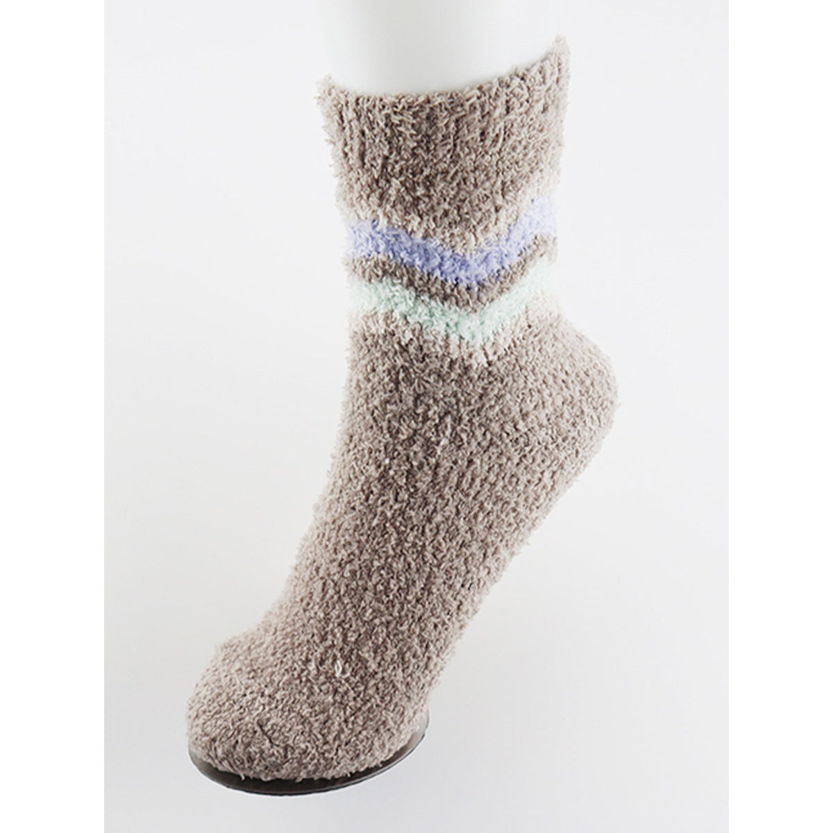 Taupe Love and Repeat plush sock with blue and white chevron detail