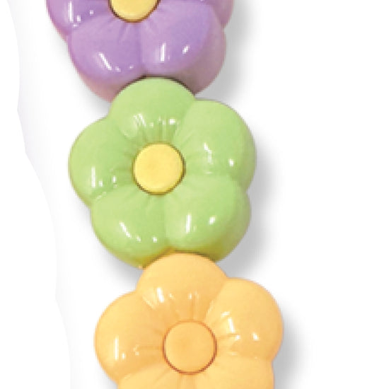 Five glossy flower-shaped hair clips in orange, purple, green, yellow, and blue, arranged vertically on a white background.