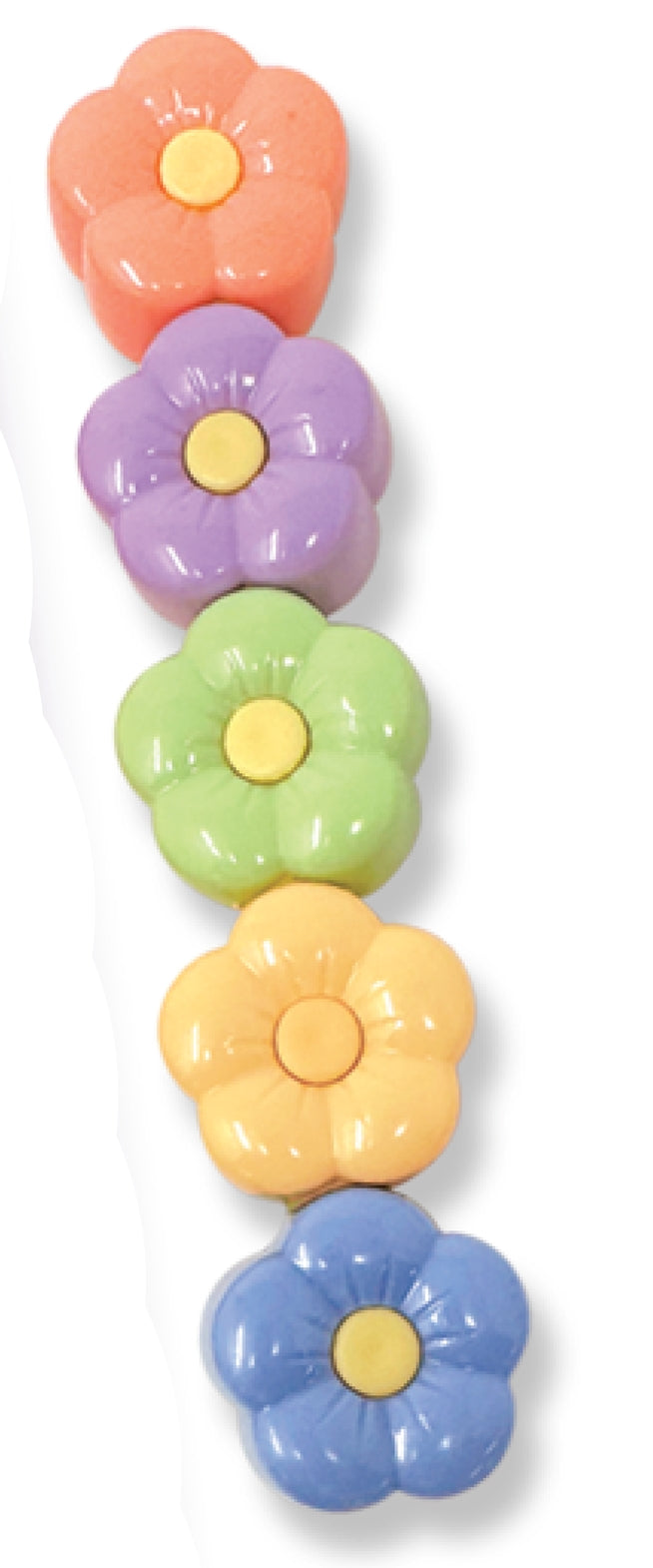 Five glossy flower-shaped hair clips in orange, purple, green, yellow, and blue, arranged vertically on a white background.