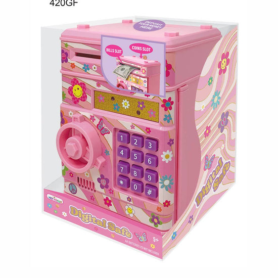 A pink toy digital safe in its original retail packaging, featuring a colorful floral design, purple keypad, and a simulated cash dispenser.