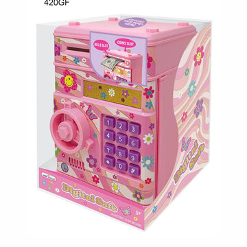 A pink toy digital safe in its original retail packaging, featuring a colorful floral design, purple keypad, and a simulated cash dispenser.