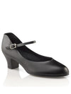 Black Capezio Jr Footlight character dance shoe with buckle strap and low heel