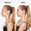 Before and after comparison of a model’s hairstyle smoothed with a hair wax stick