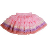 Ruffle tutu skirt showing layered pink and purple tulle from a side angle