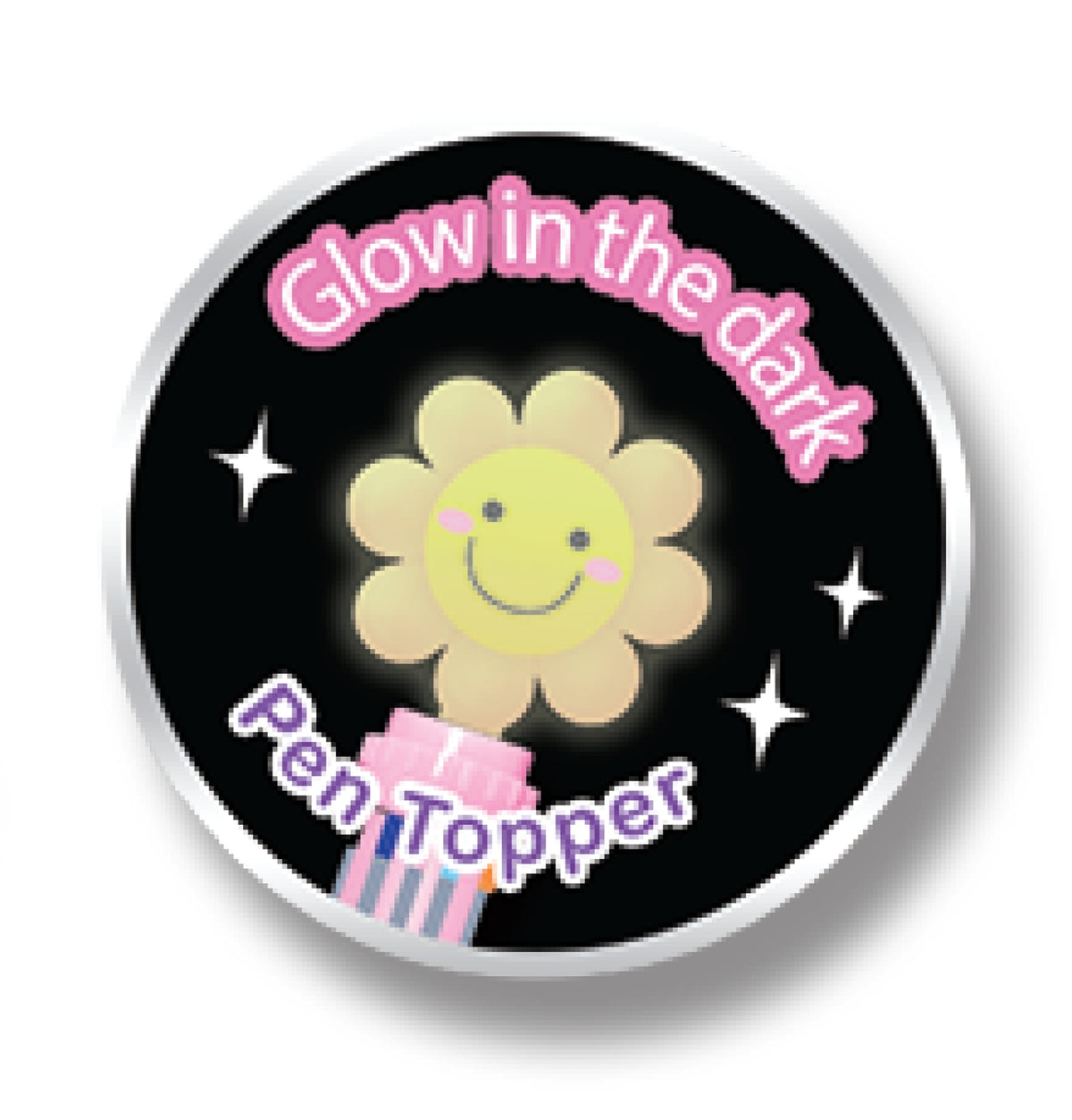 A round pen topper sticker or badge with a black background, a smiling yellow flower in the center, pink text reading 'Glow in the dark' at the top and 'Pen Topper' at the bottom, and a silver border around the edge.