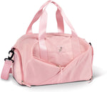 Light pink dance duffle bag with multiple compartments and shoulder strap