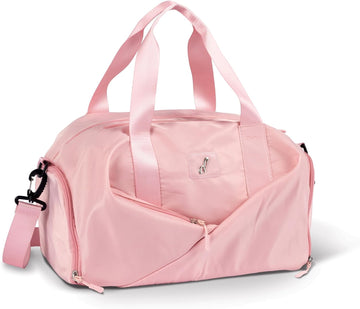Light pink dance duffle bag with multiple compartments and shoulder strap