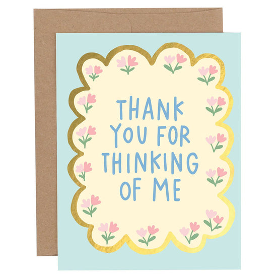 Pippi Post Thank You for Thinking of Me greeting card with scalloped floral border, blue lettering, and kraft envelope