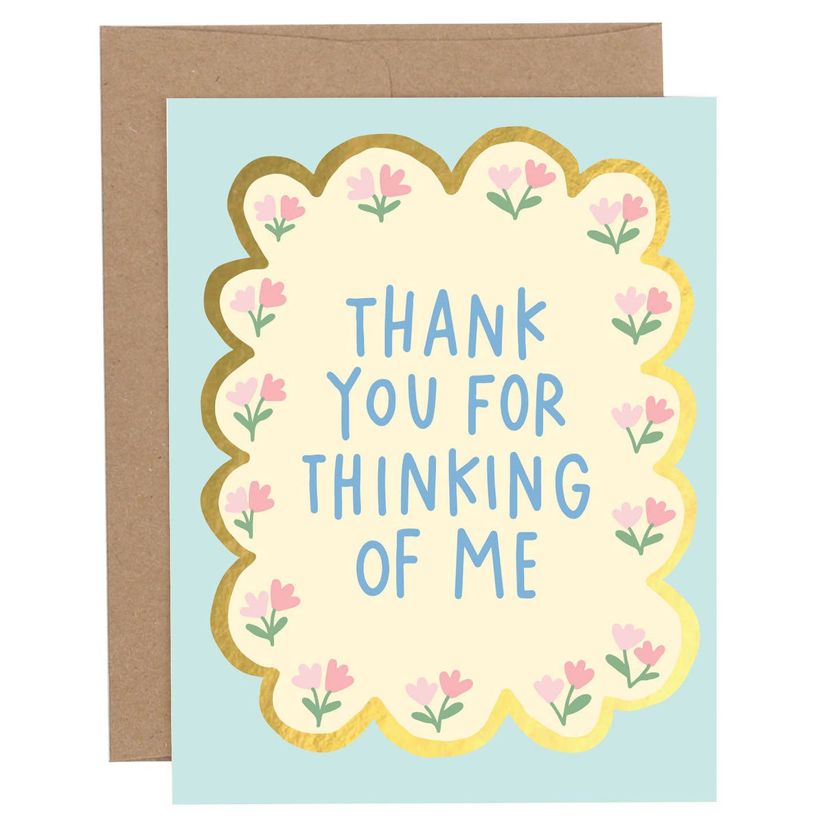 Pippi Post Thank You for Thinking of Me greeting card with scalloped floral border, blue lettering, and kraft envelope