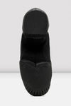 Black slip-on shoes with textured sole on a white background