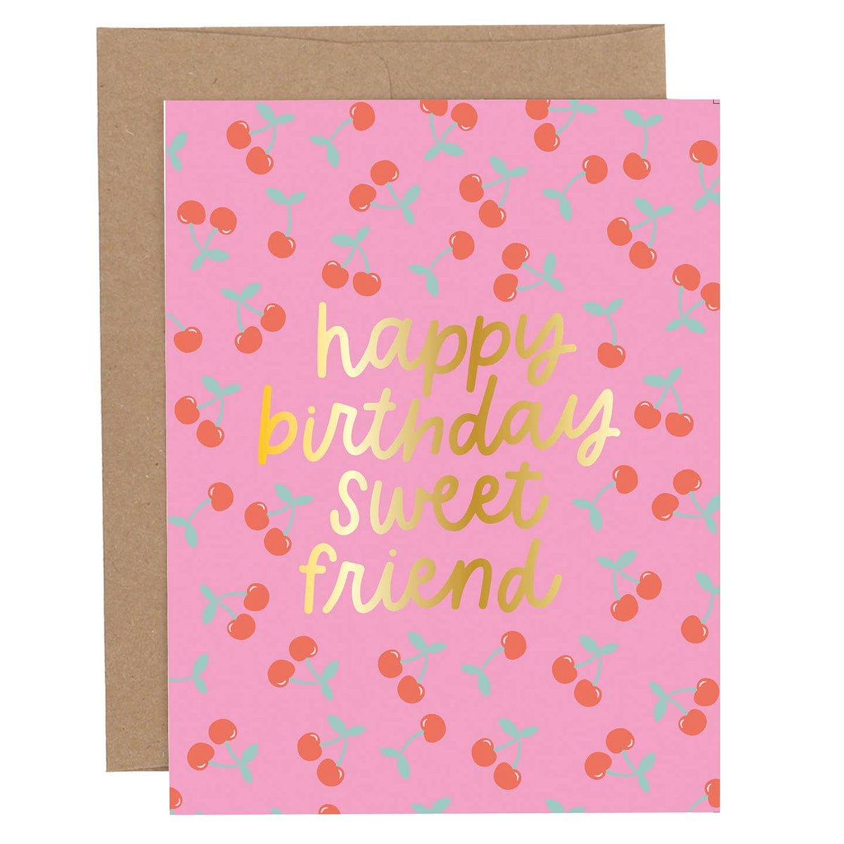 Pippi Post Happy Birthday Sweet Friend greeting card with pink background, colorful confetti details, and gold foil lettering