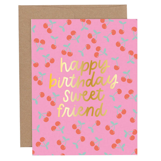 Pippi Post Happy Birthday Sweet Friend greeting card with pink background, colorful confetti details, and gold foil lettering