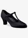 Black children’s character dance shoe with T-strap and low heel shown from a side angle.