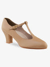 Beige children’s character dance shoe with T-strap and low heel shown from a side angle.