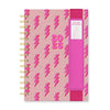 Pink lightning bolt patterned planner with wire-o binding and elastic band