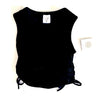 Black sleeveless tank top laid flat with adjustable side drawstring cinching.