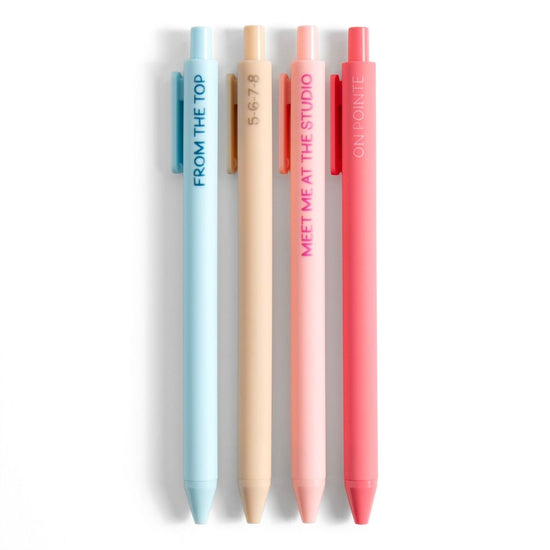 Four Pippi Post Dance Lover gel pens in pastel blue, cream, pink, and coral tones