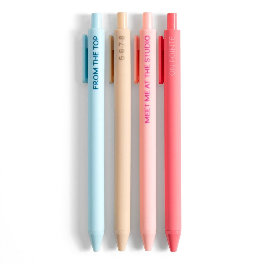 Four Pippi Post Dance Lover gel pens in pastel blue, cream, pink, and coral tones