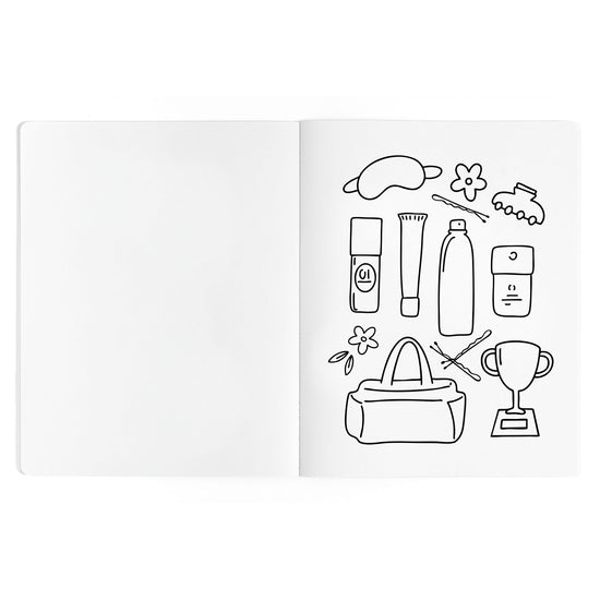 Dance Is Magic coloring book page featuring illustrated ballet accessories and studio-inspired artwork