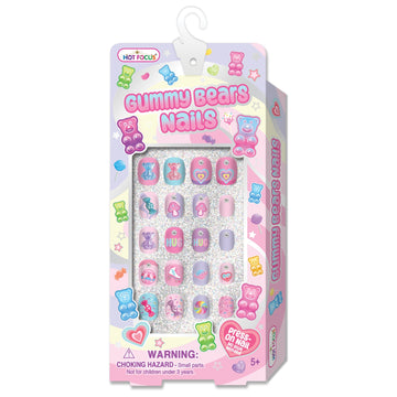 Hot Focus Gummy Bears Nails press-on nail set in retail packaging, featuring pink, purple, and blue gummy bear-shaped nails with heart and star details.