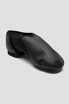 Single black slip-on leather jazz shoe angled slightly to the side on a white background.