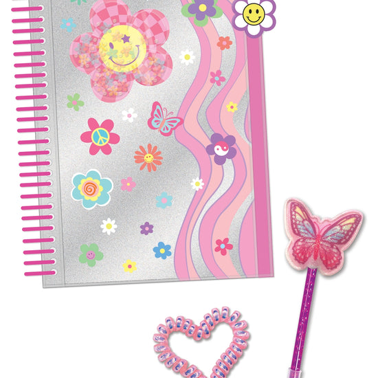 Hot Focus Groovy Flower journal set with stylus pen and spiral hair tie bracelet