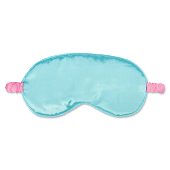 Blue satin eye mask with pink straps on a white background
