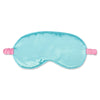 Blue satin eye mask with pink straps on a white background