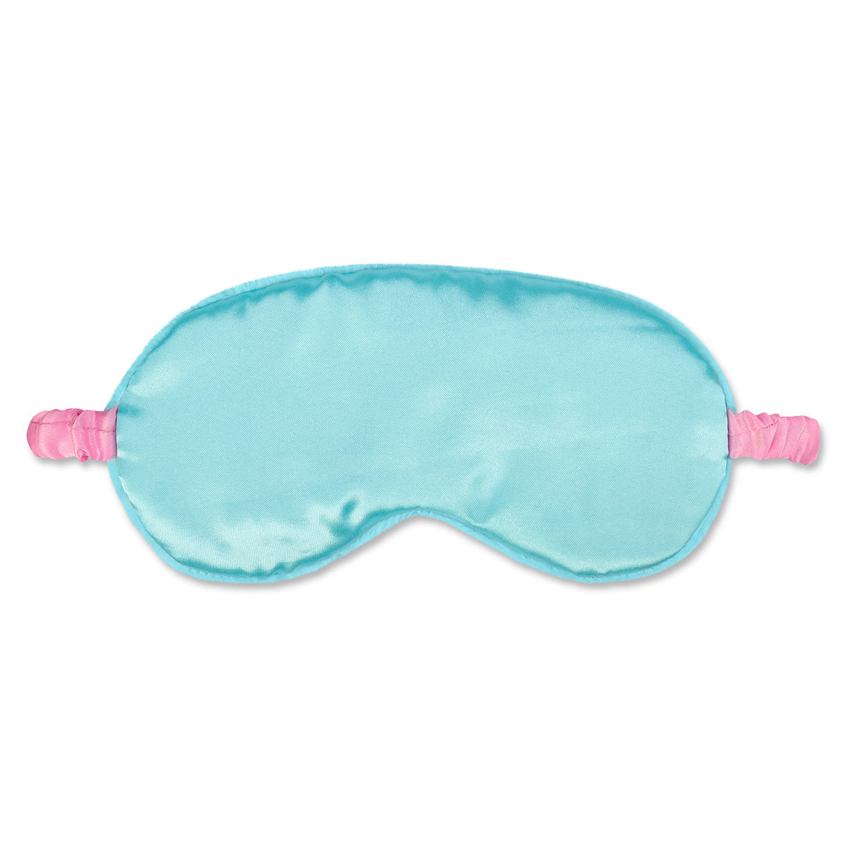 Blue satin eye mask with pink straps on a white background