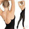 Back view of dancer wearing black lightweight body tights with low back and clear straps