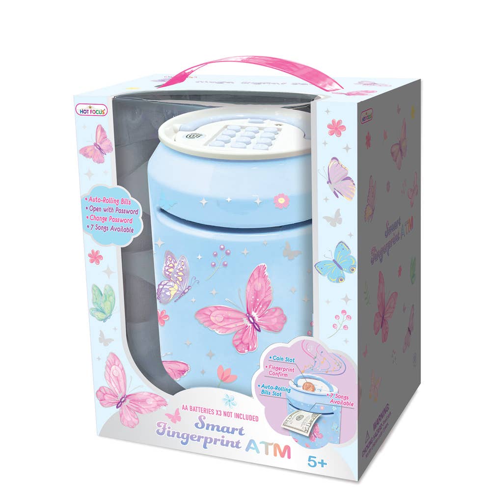 A boxed children's toy ATM shown in its retail packaging on a plain white background. The package is mostly white and light gray with pink butterfly illustrations and a pink handle cutout.