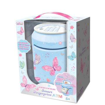 A boxed children's toy ATM shown in its retail packaging on a plain white background. The package is mostly white and light gray with pink butterfly illustrations and a pink handle cutout.
