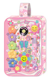 A pink floral-themed school backpack or organizer case decorated with colorful flowers, butterflies, smiley faces, and a pen loop, shown on a plain white background.
