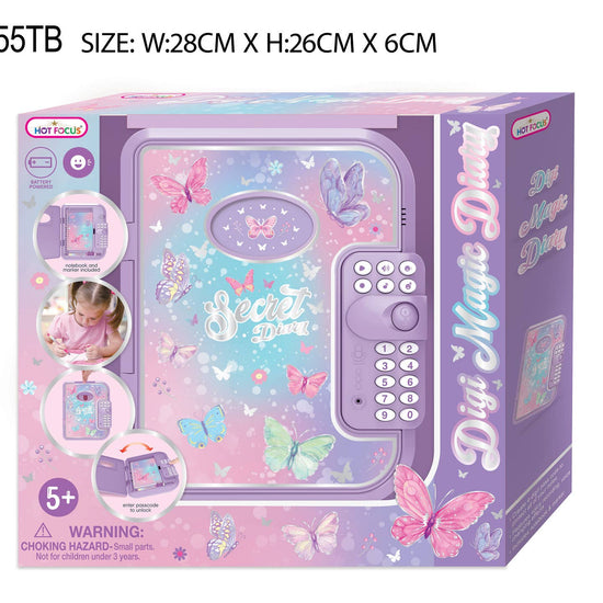 Hot Focus Digital Magic Diary toy set in its retail packaging, featuring a purple and pastel pink safe design decorated with colorful butterflies and the words 'Secret Diary'.