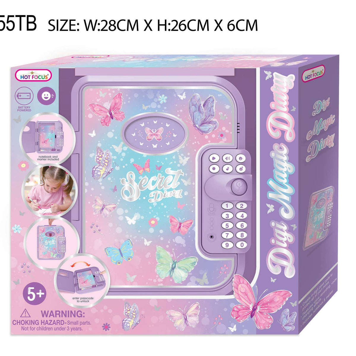 Hot Focus Digital Magic Diary toy set in its retail packaging, featuring a purple and pastel pink safe design decorated with colorful butterflies and the words 'Secret Diary'.