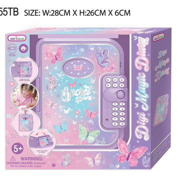 Hot Focus Digital Magic Diary toy set in its retail packaging, featuring a purple and pastel pink safe design decorated with colorful butterflies and the words 'Secret Diary'.
