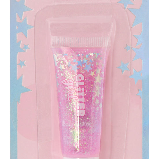 Glam It Up! Glitter Body Butter in a pink squeeze tube with holographic glitter, packaged on a pastel card with star patterns.
