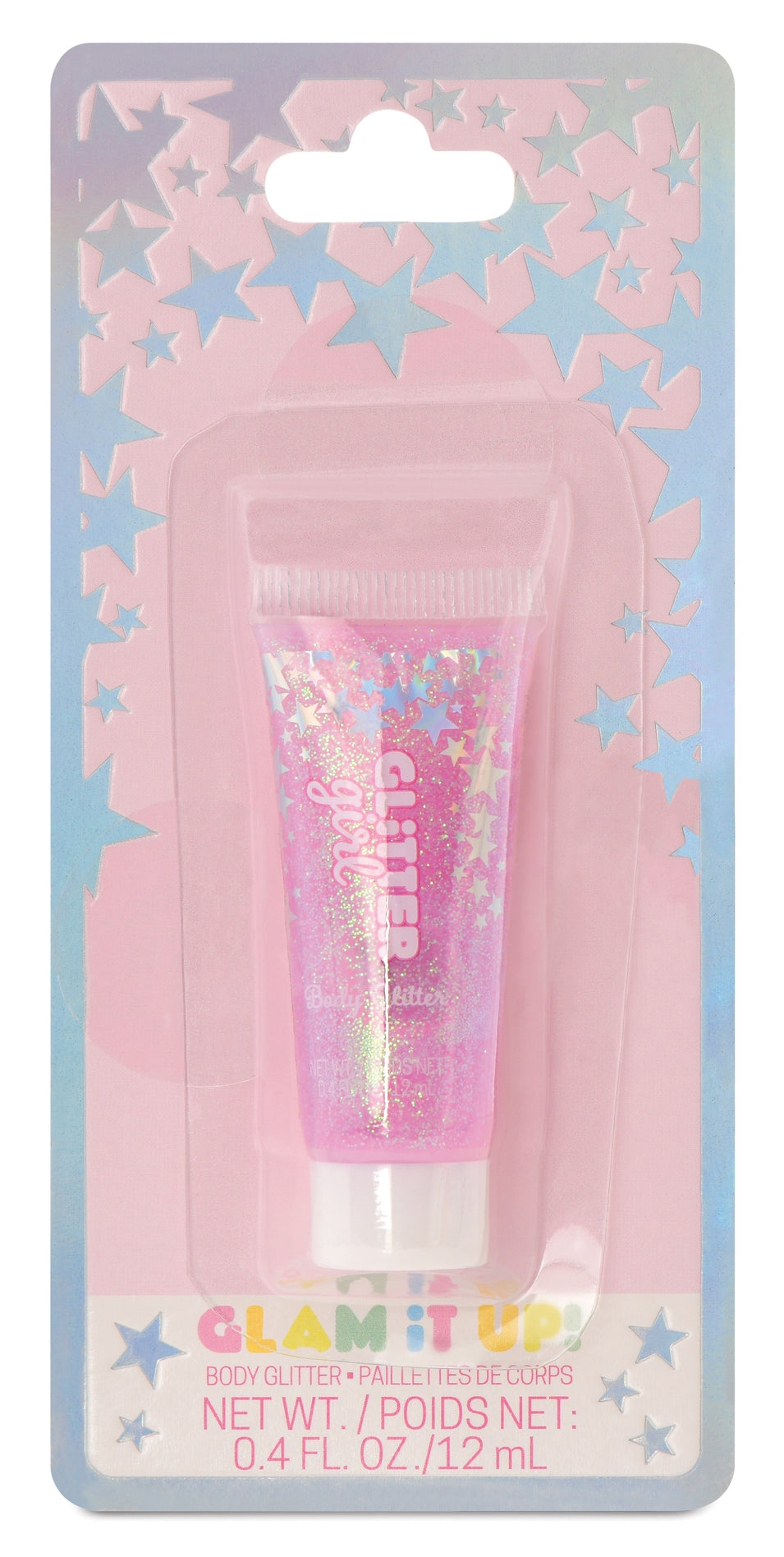 Glam It Up! Glitter Body Butter in a pink squeeze tube with holographic glitter, packaged on a pastel card with star patterns.