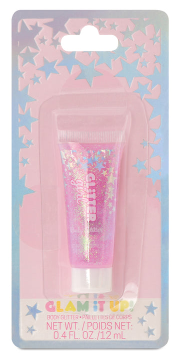 Glam It Up! Glitter Body Butter in a pink squeeze tube with holographic glitter, packaged on a pastel card with star patterns.