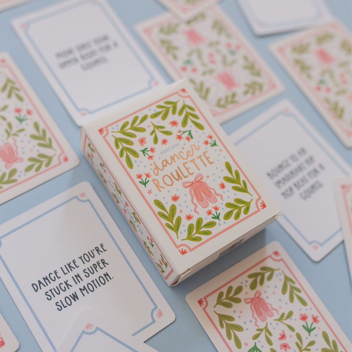 Pippi Post Dancer Roulette activity cards with colorful floral backs and dance challenge prompts