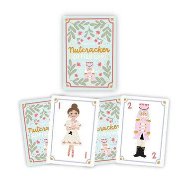 Nutcracker Christmas Go Fish card game box and illustrated character playing cards displayed for holiday gift shoppers