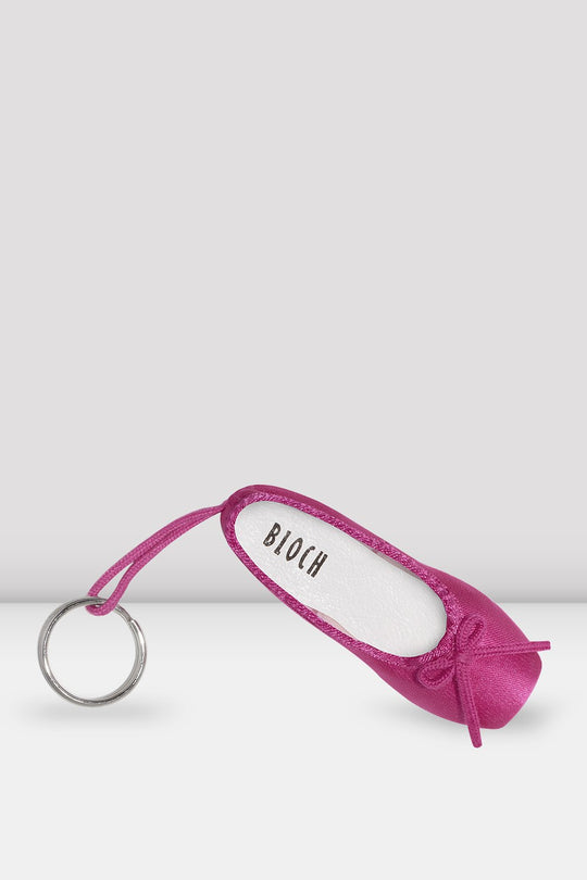 Bloch mini pointe shoe keychain in hot pink satin with fabric loop and metal key ring.