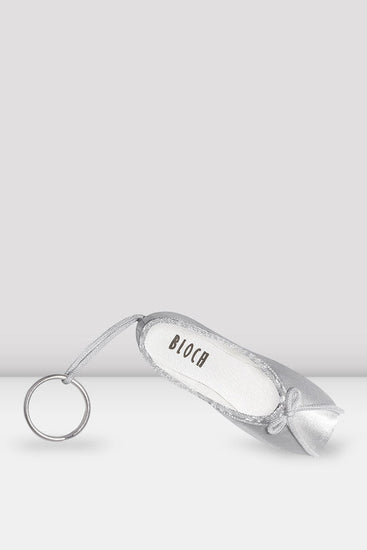 Bloch mini pointe shoe keychain in silver satin with fabric loop and metal key ring.