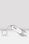 Bloch mini pointe shoe keychain in silver satin with fabric loop and metal key ring.
