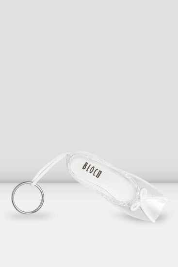Bloch mini pointe shoe keychain in white satin with fabric loop and metal key ring.