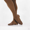 Tan slip-on jazz shoe shown on dancer’s foot from back view